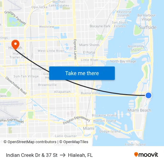 Indian Creek Dr & 37 St to Hialeah, FL map