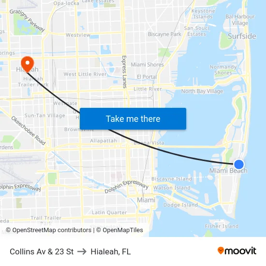 Collins Av & 23 St to Hialeah, FL map