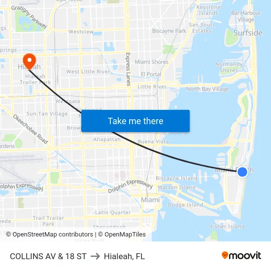 Collins Av & 18 St to Hialeah, FL map