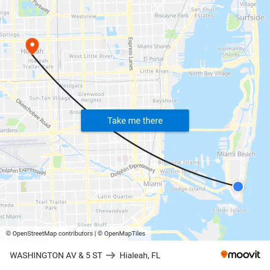 Washington Av & 5 St to Hialeah, FL map
