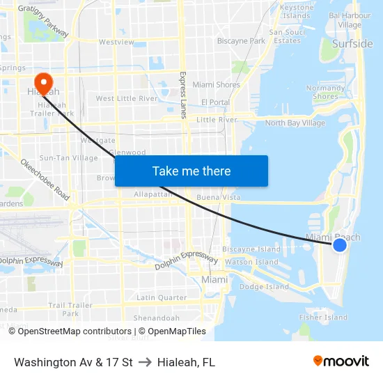 Washington Av & 17 St to Hialeah, FL map