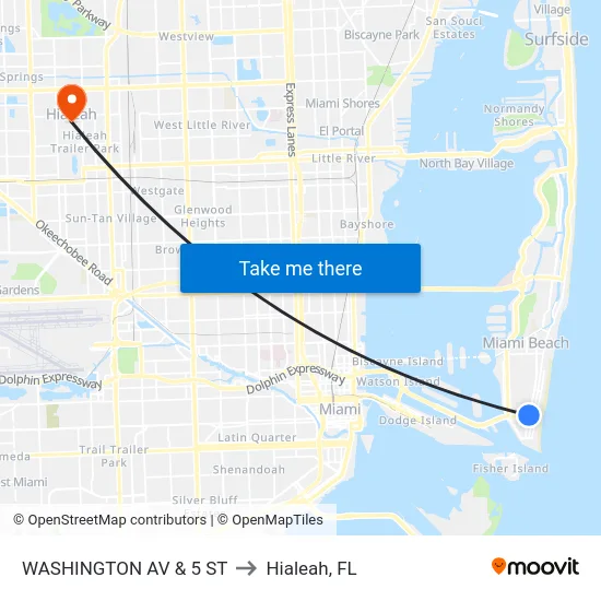 Washington Av & 5 St to Hialeah, FL map