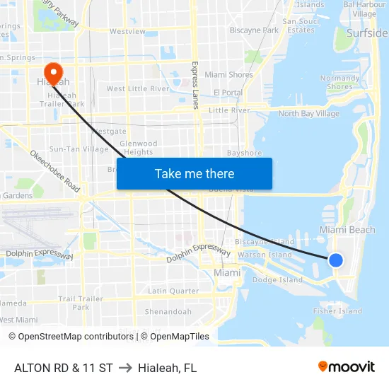 Alton Rd & 11 St to Hialeah, FL map