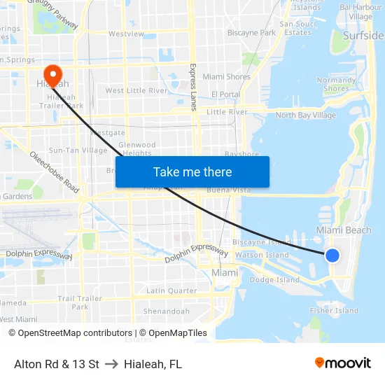 Alton Rd & 13 St to Hialeah, FL map