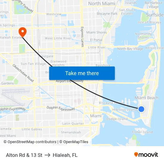 Alton Rd & 13 St to Hialeah, FL map