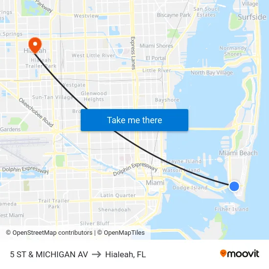 5 St & Michigan Av to Hialeah, FL map