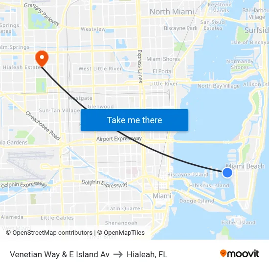 Venetian Way & E Island Av to Hialeah, FL map