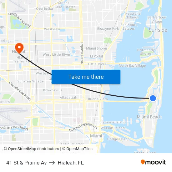 41 St & Prairie Av to Hialeah, FL map