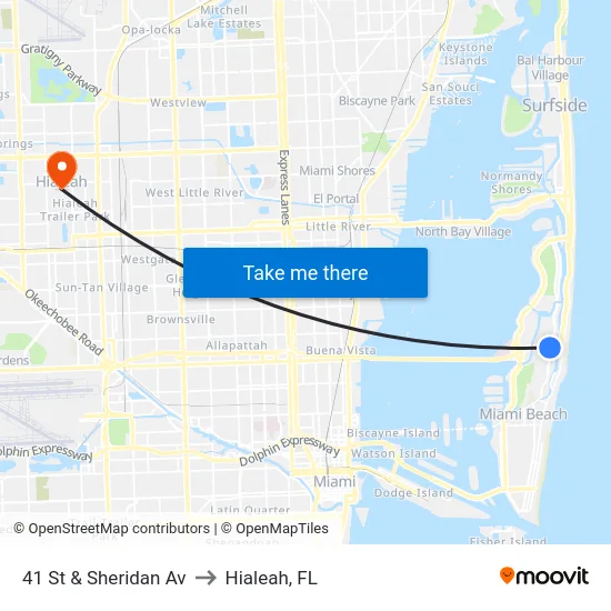 41 St & Sheridan Av to Hialeah, FL map