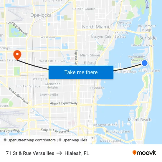 71 St & Rue Versailles to Hialeah, FL map