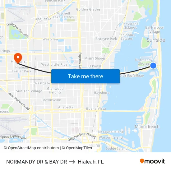 Normandy Dr & Bay Dr to Hialeah, FL map