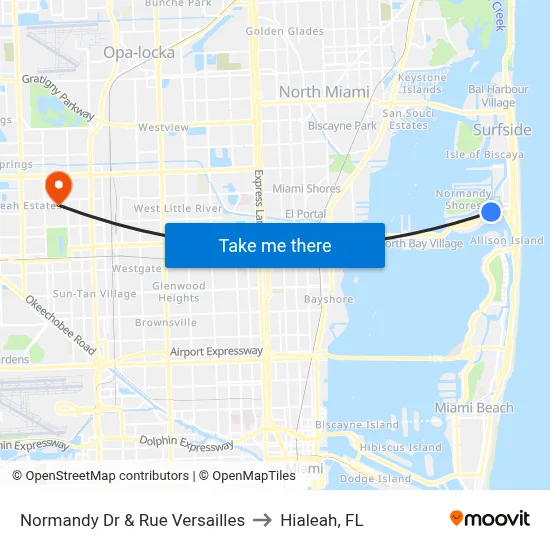 Normandy Dr & Rue Versailles to Hialeah, FL map