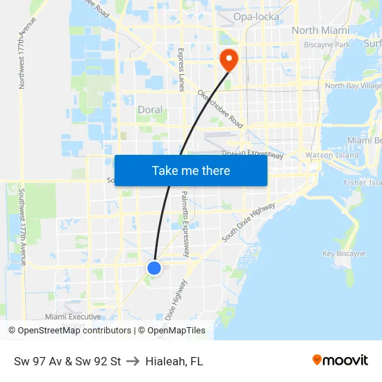 Sw 97 Av & Sw 92 St to Hialeah, FL map