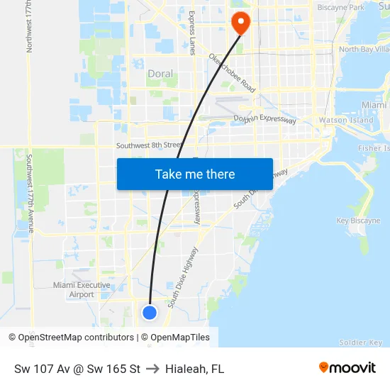 Sw 107 Av @ Sw 165 St to Hialeah, FL map