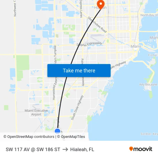 Sw 117 Av @ Sw 186 St to Hialeah, FL map