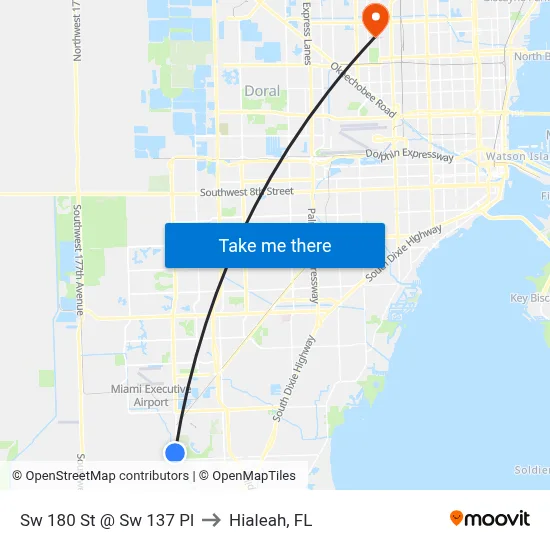 Sw 180 St @ Sw 137 Pl to Hialeah, FL map