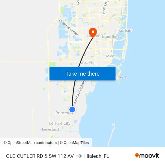 Old Cutler Rd & Sw 112 Av to Hialeah, FL map