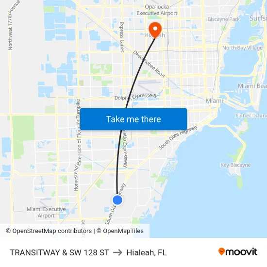 Transitway & Sw 128 St to Hialeah, FL map