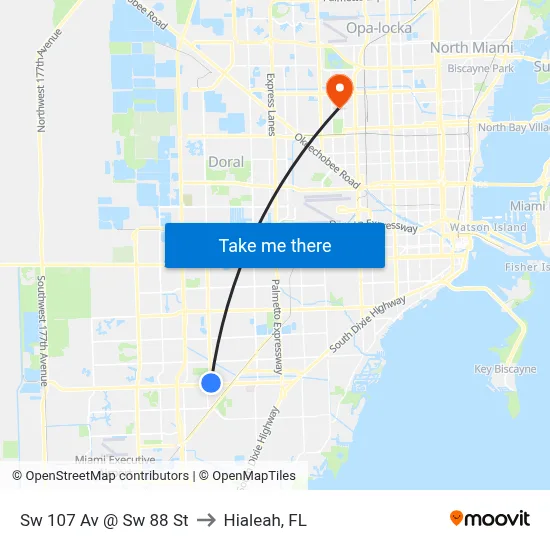 Sw 107 Av @ Sw 88 St to Hialeah, FL map