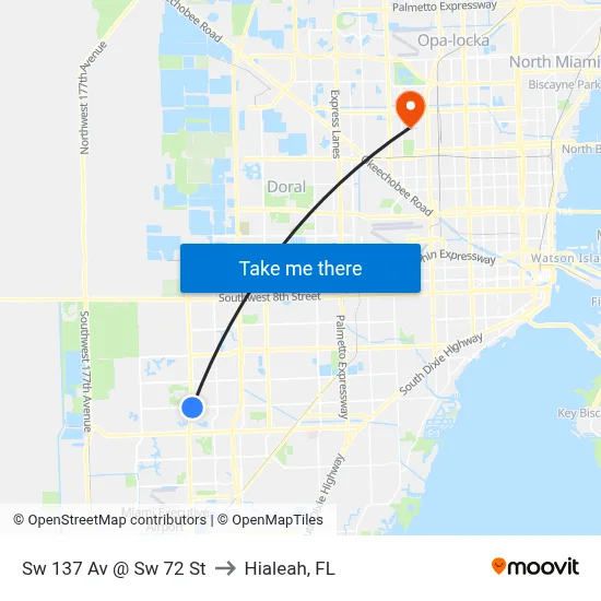Sw 137 Av @ Sw 72 St to Hialeah, FL map