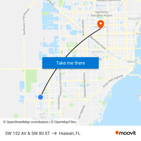 Sw 152 Av & Sw 80 St to Hialeah, FL map
