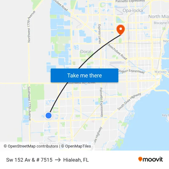 Sw 152 Av & # 7515 to Hialeah, FL map