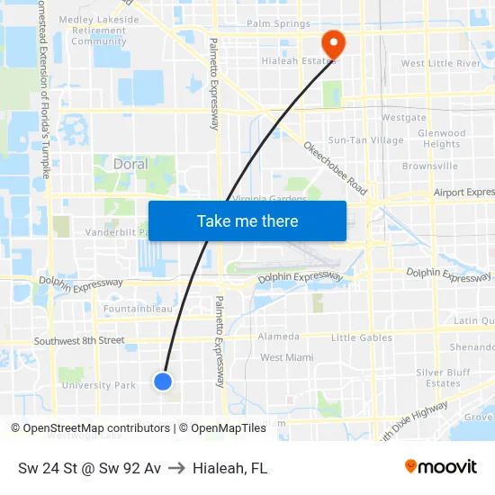 Sw 24 St @ Sw 92 Av to Hialeah, FL map