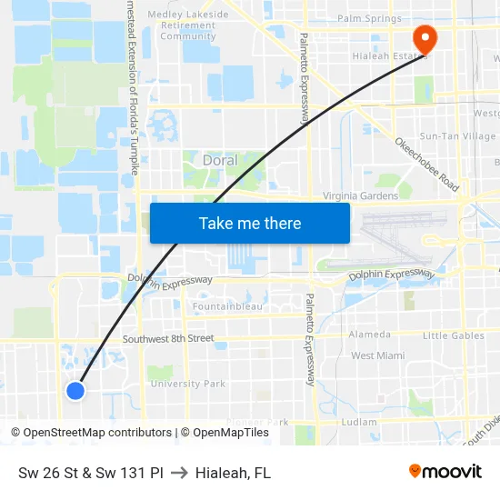 Sw 26 St & Sw 131 Pl to Hialeah, FL map
