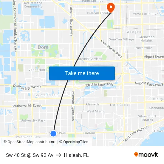Sw 40 St @ Sw 92 Av to Hialeah, FL map