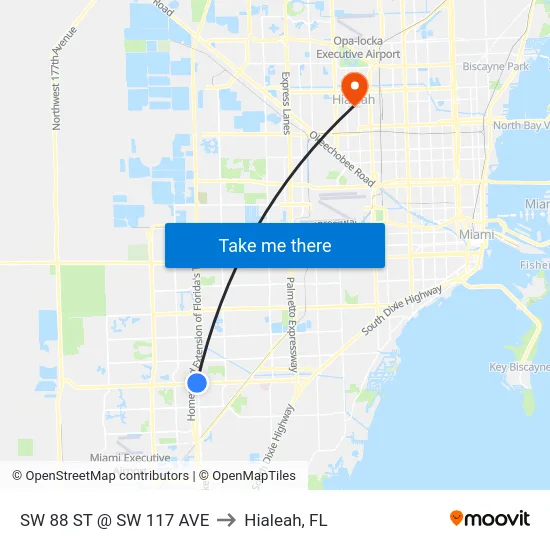 Sw 88 St @ Sw 117 Ave to Hialeah, FL map