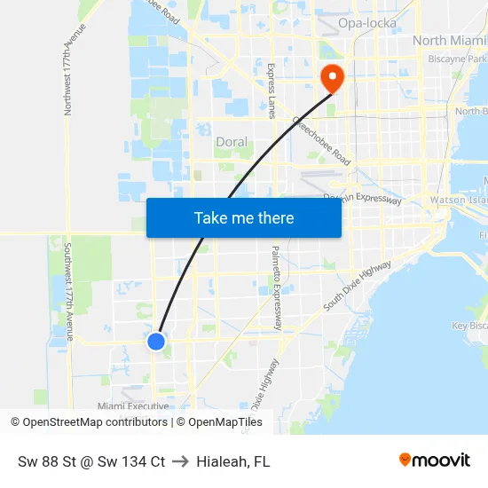 Sw 88 St @ Sw 134 Ct to Hialeah, FL map