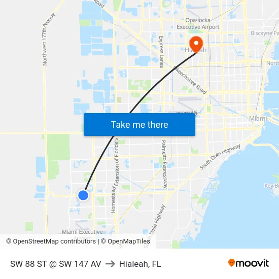 Sw 88 St @ Sw 147 Av to Hialeah, FL map
