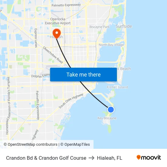 Crandon Bd & Crandon Golf Course to Hialeah, FL map