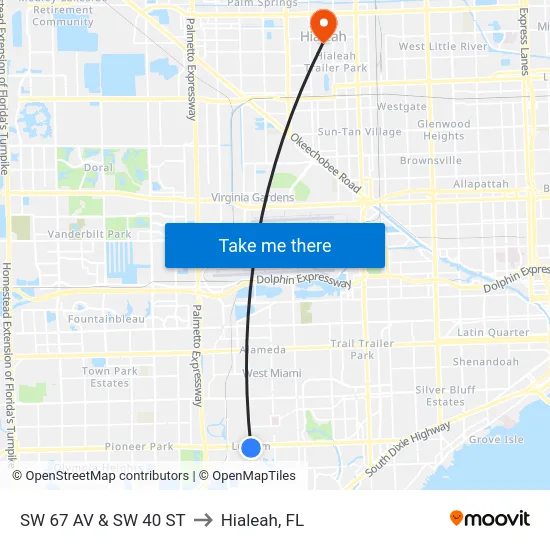 Sw 67 Av & Sw 40 St to Hialeah, FL map