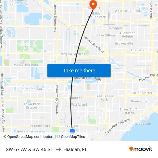 Sw 67 Av & Sw 46 St to Hialeah, FL map