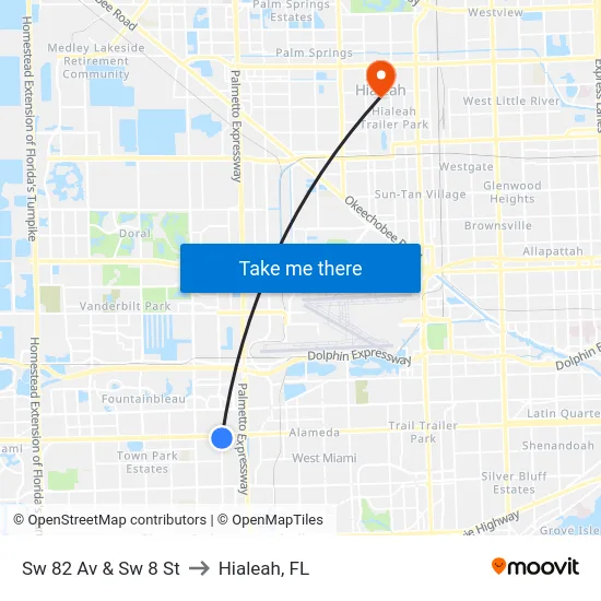 Sw 82 Av & Sw 8 St to Hialeah, FL map