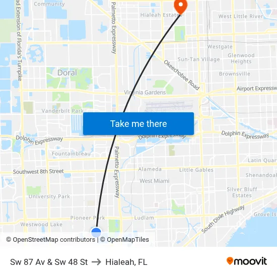 Sw 87 Av & Sw 48 St to Hialeah, FL map