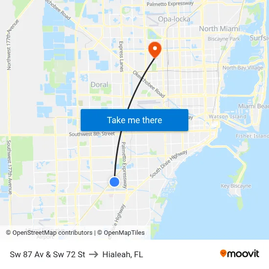 Sw 87 Av & Sw 72 St to Hialeah, FL map