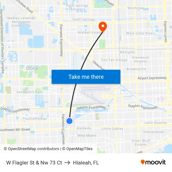 W Flagler St & Nw 73 Ct to Hialeah, FL map