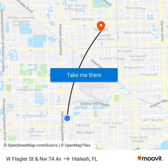 W Flagler St & Nw 74 Av to Hialeah, FL map
