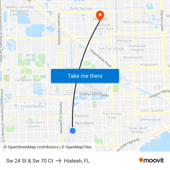 Sw 24 St & Sw 70 Ct to Hialeah, FL map
