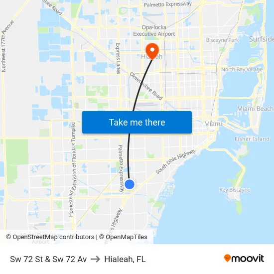Sw 72 St & Sw 72 Av to Hialeah, FL map