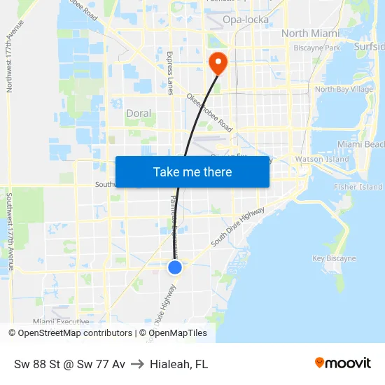 Sw 88 St @ Sw 77 Av to Hialeah, FL map