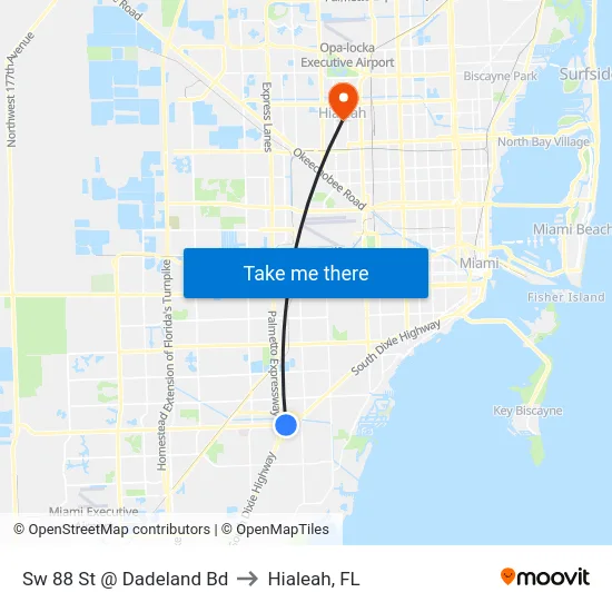 Sw 88 St @ Dadeland Bd to Hialeah, FL map