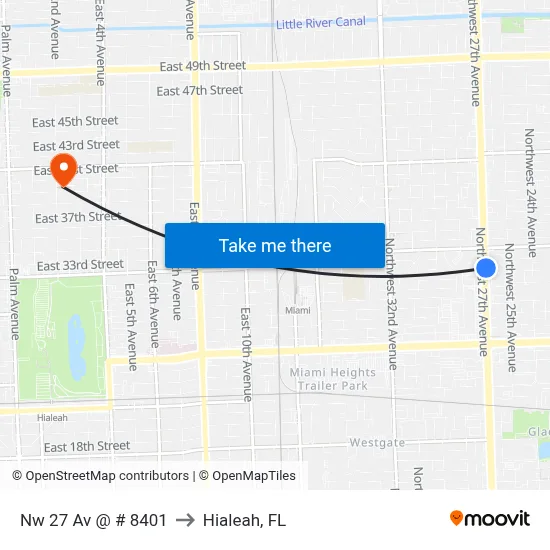 Nw 27 Av @ # 8401 to Hialeah, FL map