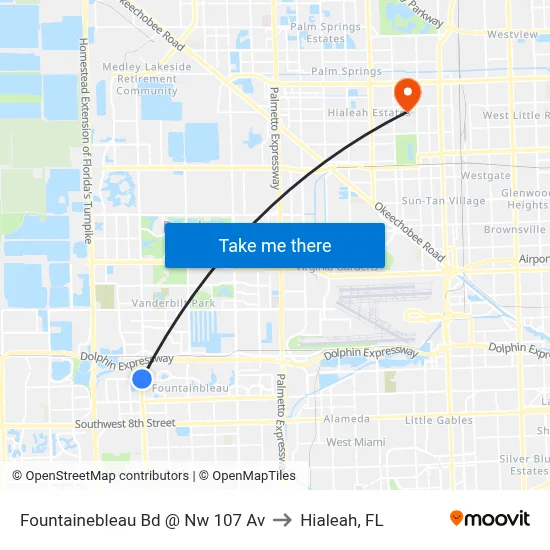 Fountainebleau Bd @ Nw 107 Av to Hialeah, FL map