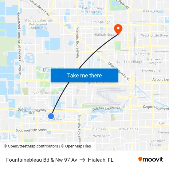 Fountainebleau Bd & Nw 97 Av to Hialeah, FL map