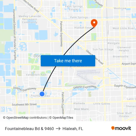 Fountainebleau Bd & 9460 to Hialeah, FL map