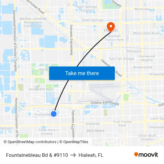 Fountainebleau Bd & #9110 to Hialeah, FL map