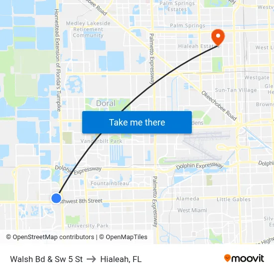Walsh Bd & Sw 5 St to Hialeah, FL map
